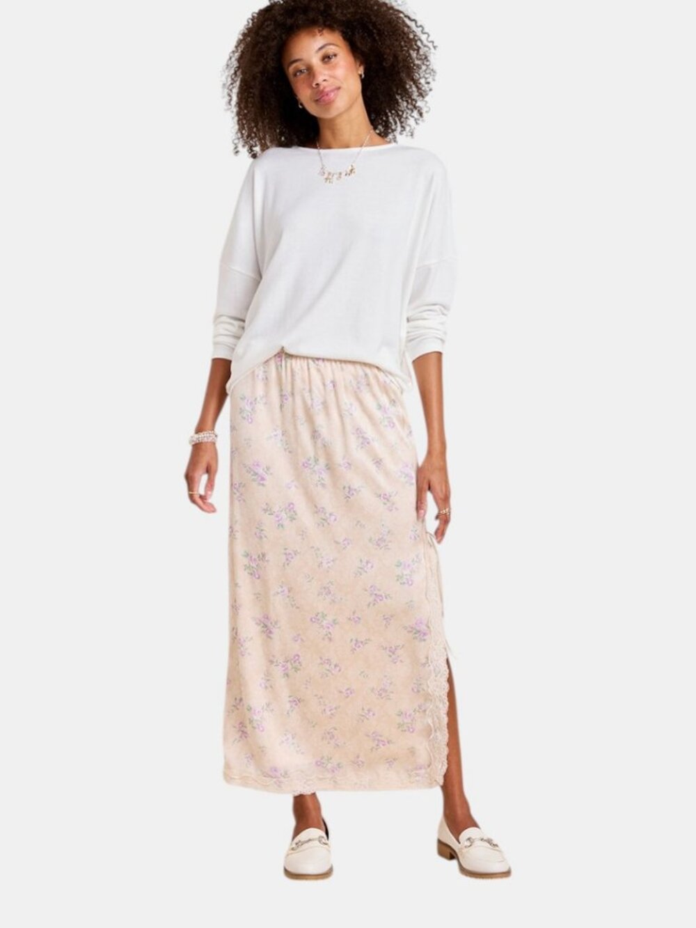NWT FRANCESCA'S ABBY FLORAL SATIN MIDI SKIRT BLUSH FLORAL SIZE L